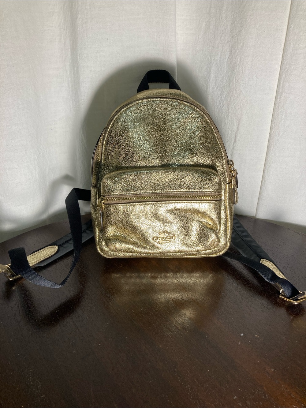 Coach Metallic Gold Mini Charlie Backpack with Front Zip Pocket